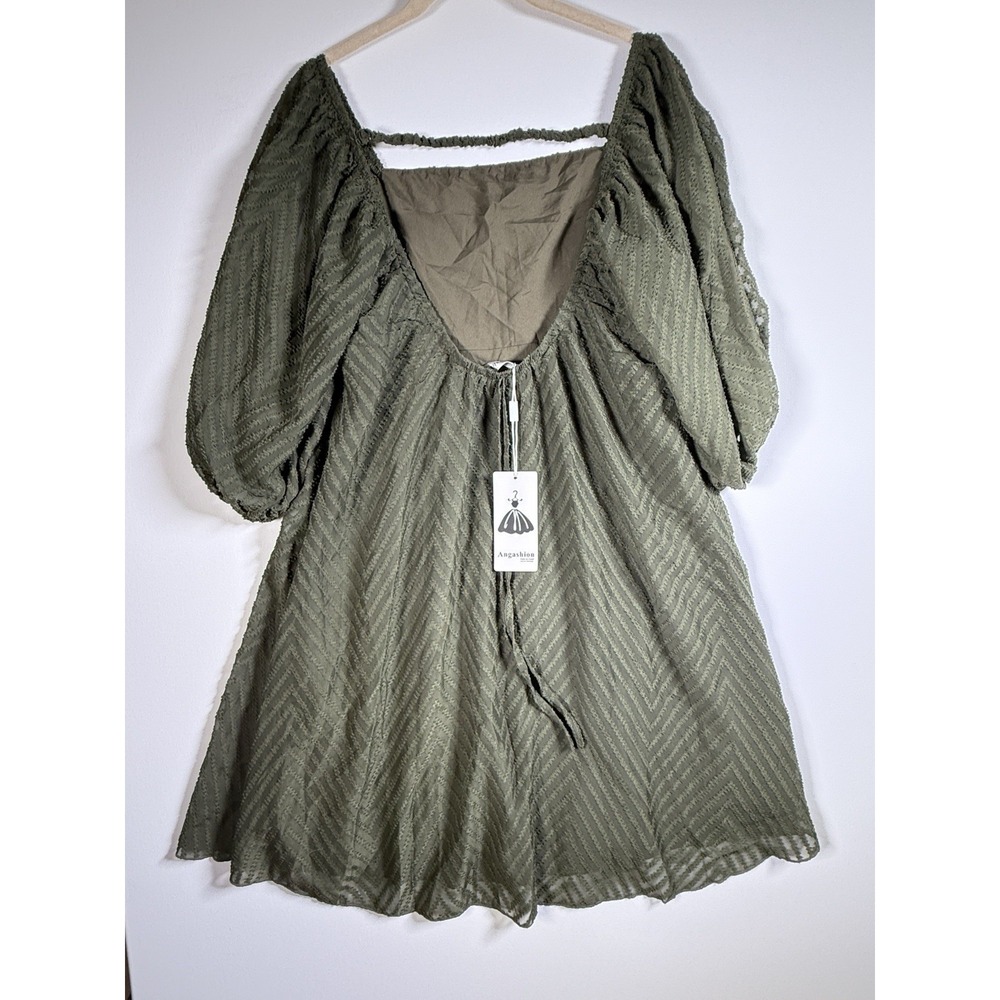 Angashion Olive Green Textured Puff Sleeve Boho Dress‎ Square Neckline Size M